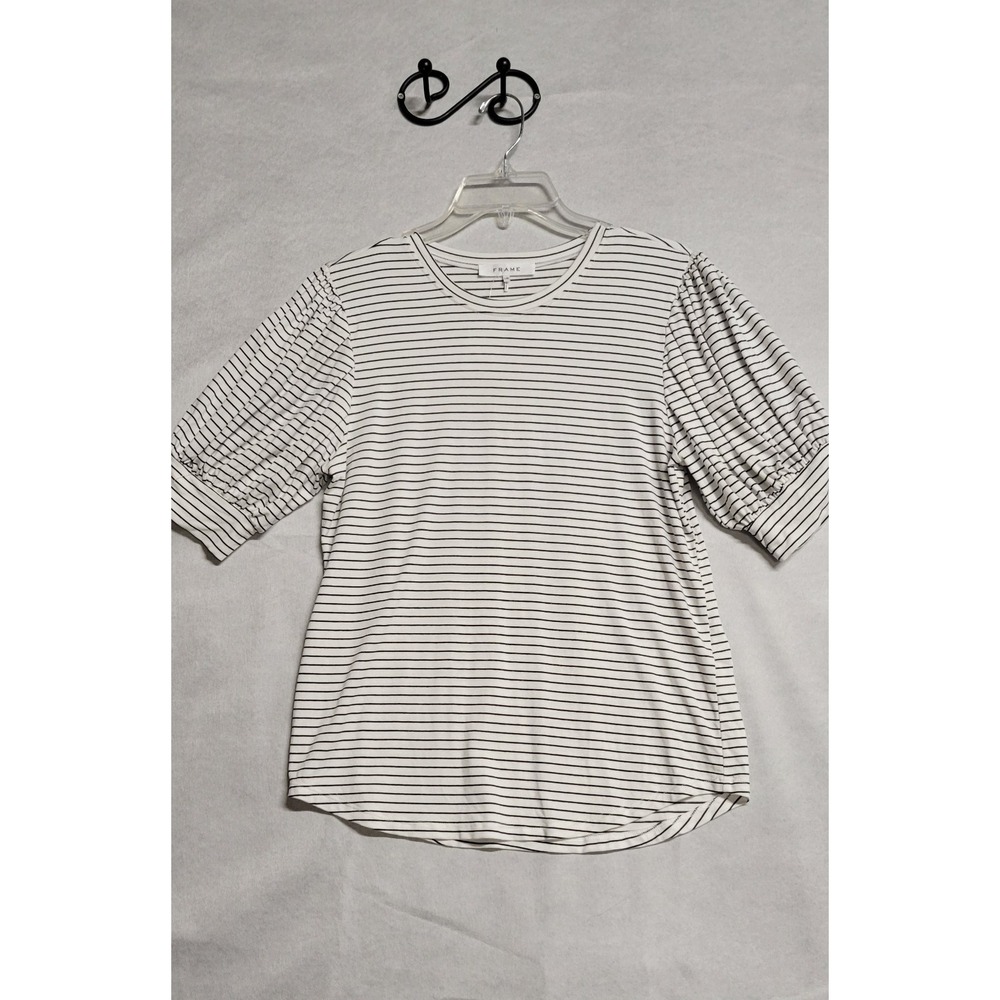 White With Black Pinstripes SS Frame Casual Top Size L